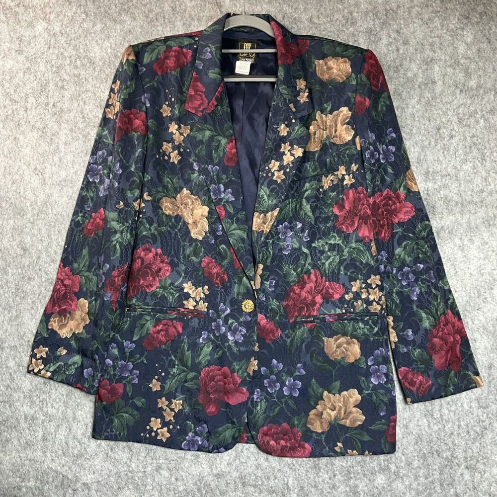 Vintage Jacket Blazer Womens Medium Blue Floral Cottage Oversize Boxy Retro USA